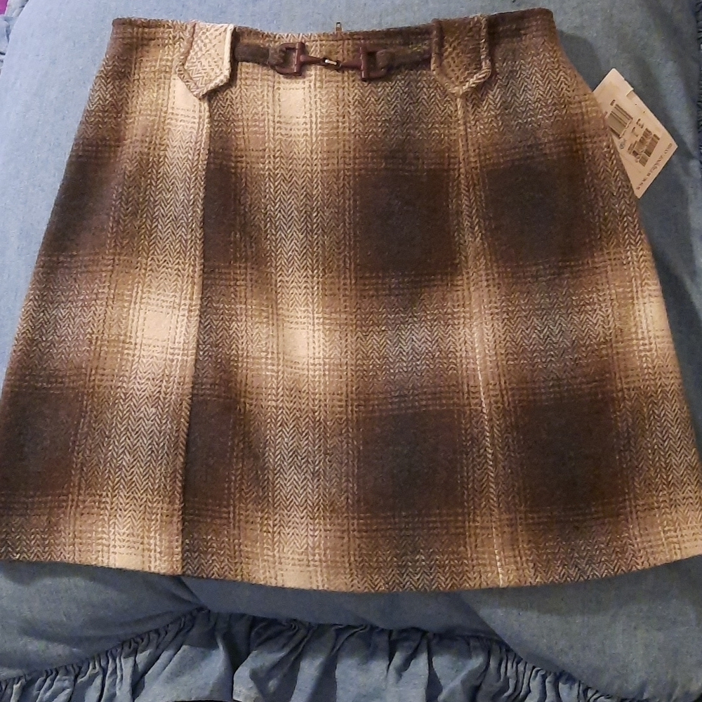 Vintage 90's  Mini soft wool mix plaid skirt beige , brown, cream waist 26 in